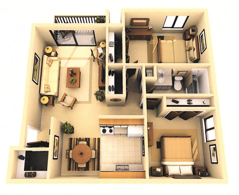 Floor plan for 2 beds, 1 bath, 950 sqft